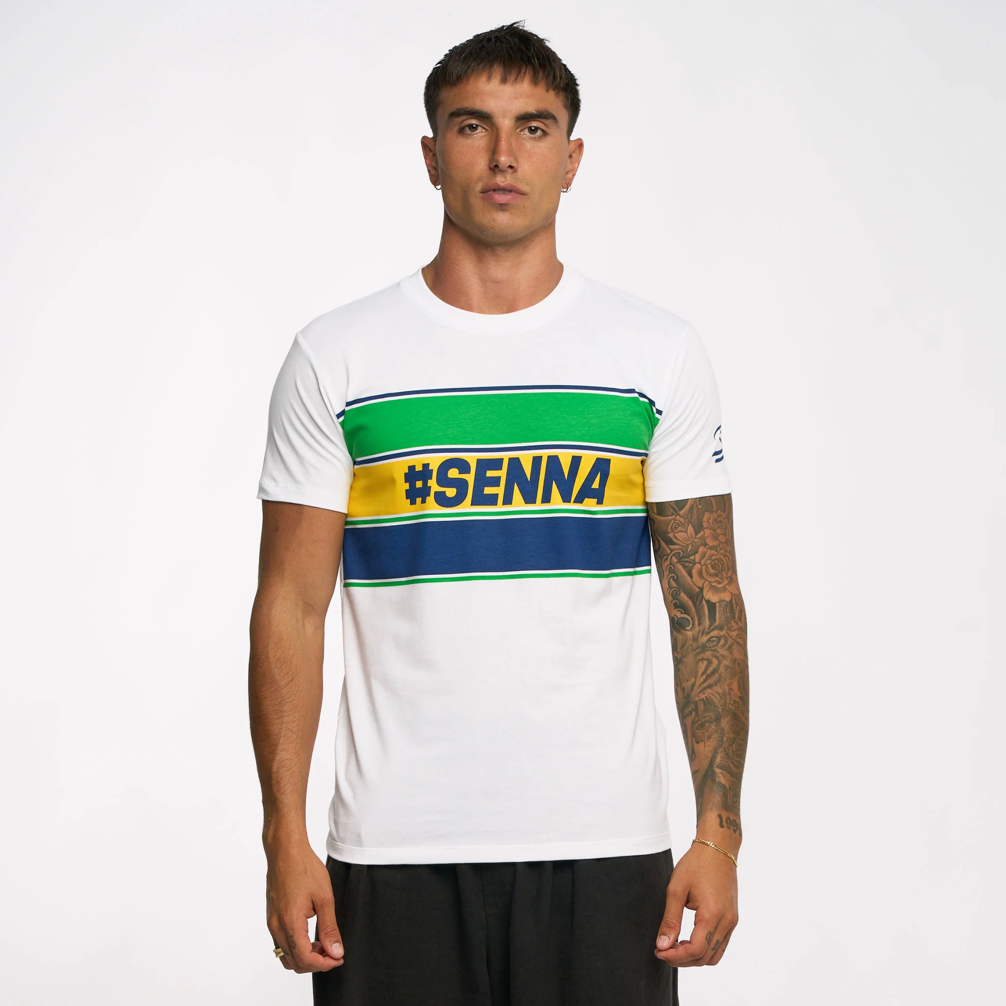 Ayrton Senna Unisex Retro Stripe T-Shirt - White - Image 7